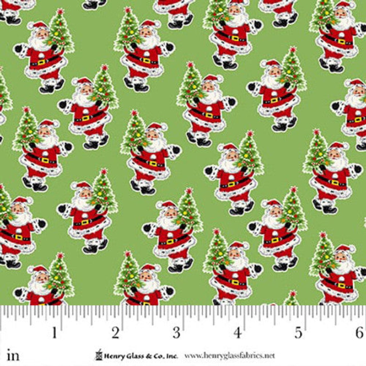 Fabric Henry Glass Green Small Santas Santa's Coming to Town by the Quarter Yard 1972-66